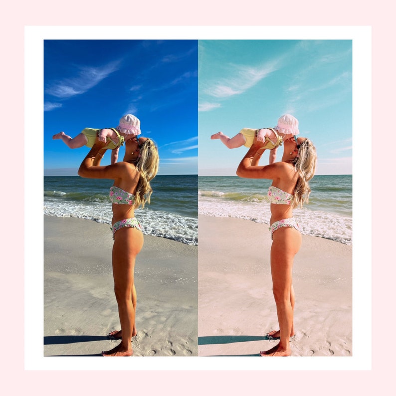 K&ouml;nnte beinhalten: Eine Frau in einem Blumenbikini h&auml;lt ein Baby, das ein gelbes und wei&szlig;es Outfit und einen rosa Hut tr&auml;gt. Die Frau und das Baby sind an einem Strand mit blauem Wasser und wei&szlig;em Sand.