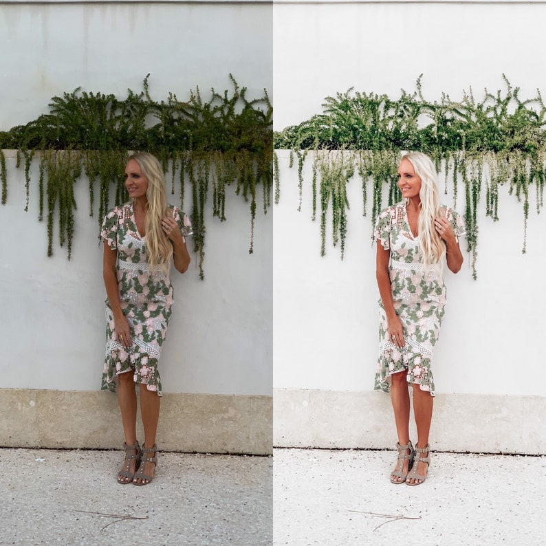 May include: A woman wearing a floral dress with a white lace overlay and brown heeled sandals. She is standing in front of a white wall with green plants hanging from it.