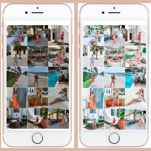 May include: A screenshot of a phone screen displaying a grid of 16 photos. The photos show a woman in various outfits and locations, including a pool, a beach, and a house. The photos are arranged in a 4x4 grid.