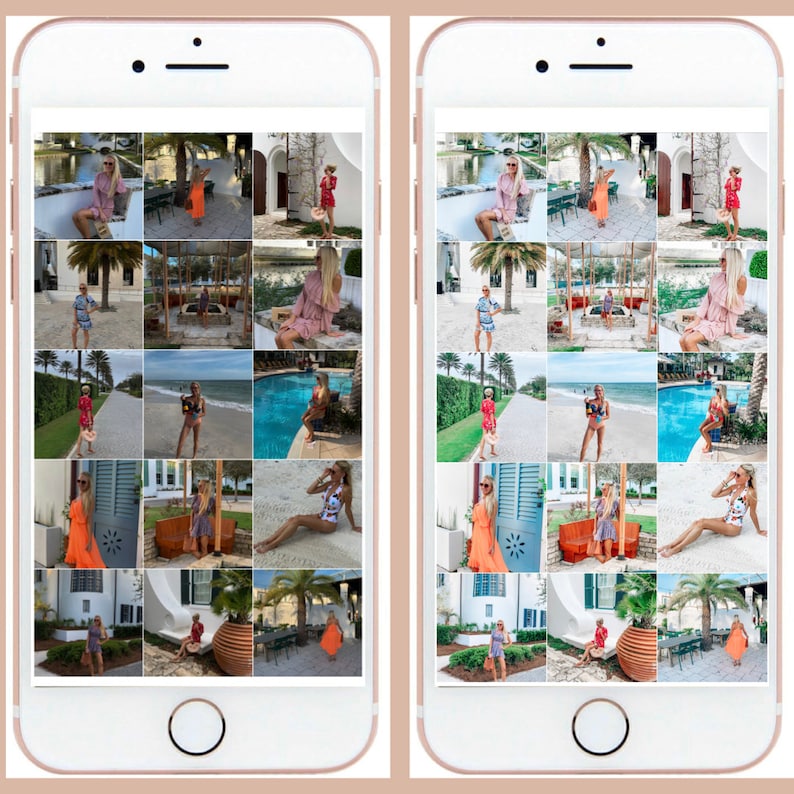 May include: A screenshot of a phone screen displaying a grid of 16 photos. The photos show a woman in various outfits and locations, including a pool, a beach, and a house. The photos are arranged in a 4x4 grid.