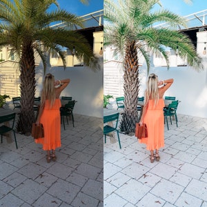 May include: A woman wearing a bright orange dress and brown handbag stands in front of a white building with a palm tree in the background.
