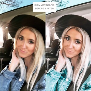 May include: Before and after photo of a woman wearing a black hat and a denim jacket. The photo on the left is the before photo and the photo on the right is the after photo. The after photo has been edited to make the woman's skin look more radiant and her eyes look brighter.