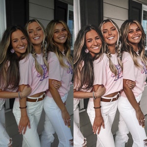 May include: Three women wearing pink t-shirts with the text "Big Sur" in a colorful font. They are wearing white jeans and have long brown hair.