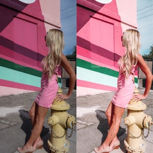May include: A woman in a pink dress poses next to a yellow fire hydrant in front of a pink, green, and white striped wall.