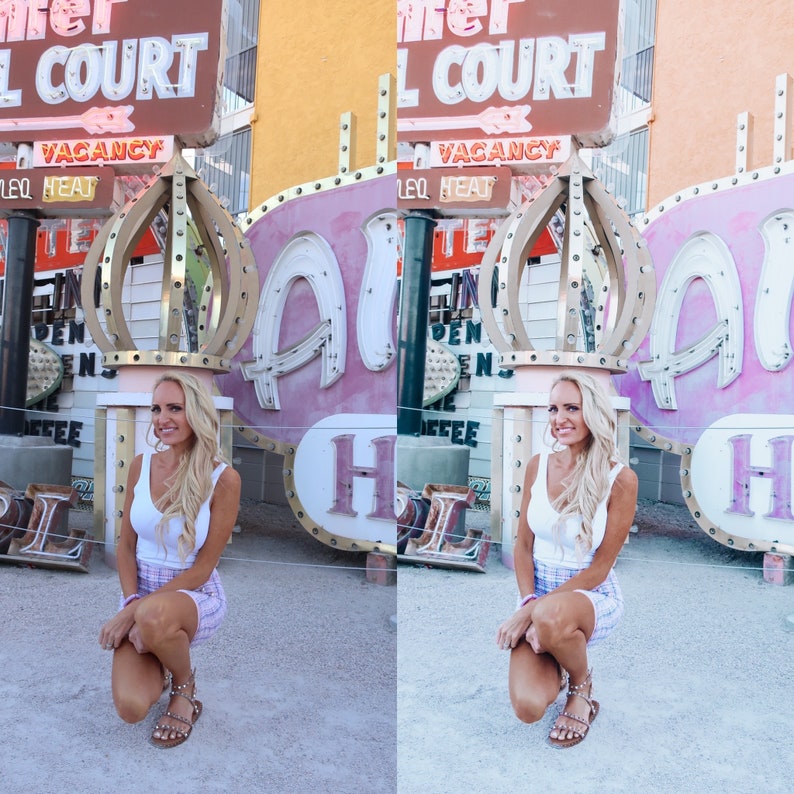 May include: A woman in a white tank top and a pink and white plaid skirt poses in front of a pink neon sign that says "A" and a pink neon sign that says "H". The sign is in front of a building with a yellow wall.
