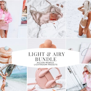 May include: A collage of images featuring a pink jacket, a white tank top, a white bikini, a pink bag, a stack of donuts, a straw hat, a magazine, and a pink and white striped sweater. The text "LIGHT & AIRY BUNDLE AGLOW MOBILE LIGHTROOM PRESETS" is in the center of the collage.