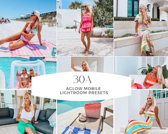 Könnte beinhalten: Eine Collage aus Fotos, die eine Frau in verschiedenen Sommeroutfits und an verschiedenen Orten zeigen. Die Fotos sind in einem Raster angeordnet und zeigen einen Pool, einen Strand und eine Terrasse. Der Text "30A AGLow Mobile Lightroom Presets" wird in der Mitte der Collage angezeigt.