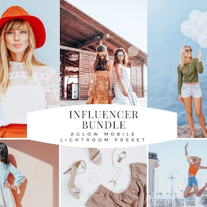 May include: A collage of lifestyle images featuring women in various settings. The images include a woman in an orange hat, women in dresses, a woman holding balloons, and a woman jumping. Text overlay reads "Influencer Bundle" and "AGLOW MOBILE LIGHTROOM PRESET."