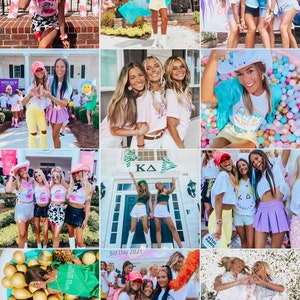 May include: A collage of photos showing a group of women celebrating Bid Day 2021. The photos show the women wearing various outfits, including t-shirts, skirts, and hats. Some of the photos are taken in front of a building with the letters "KA" on it. The photos are all bright and colorful.