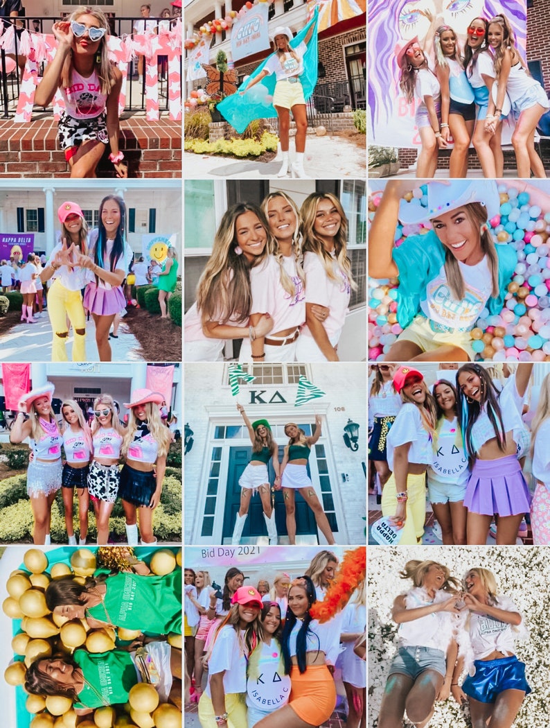 May include: A collage of photos showing a group of women celebrating Bid Day 2021. The photos show the women wearing various outfits, including t-shirts, skirts, and hats. Some of the photos are taken in front of a building with the letters "KA" on it. The photos are all bright and colorful.