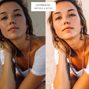 May include: A split-screen image showcasing a woman's face with a before-and-after effect. The text "DAYBREAK BEFORE & AFTER" is at the top. The woman has fair skin, freckles, and is wearing a white top and jewelry.