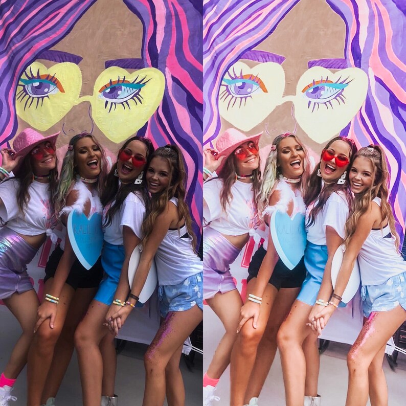 May include: Four women wearing colorful outfits and sunglasses pose in front of a mural of a woman's face with large heart-shaped sunglasses. The mural is painted in shades of pink, purple, and blue.