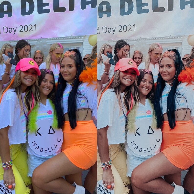 May include: Two people wearing white shirts with a pink and blue tie-dye design, and orange shorts. They are holding a white circle with the letters "K&Delta;" and the word "ISABELLA" written below. The text "DELTA Day 2021" is visible in the background.