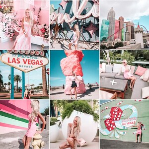 May include: A collage of photos featuring a woman in various locations in Las Vegas. The photos include the woman standing in front of the "Welcome to Fabulous Las Vegas" sign, the "Welcome to Las Vegas" sign with dice, the "Neon Museum", and the "Welcome to Fabulous Las Vegas" sign with a pink rock formation. The photos also include the woman in a pink dress, a white dress, and a brown dress.