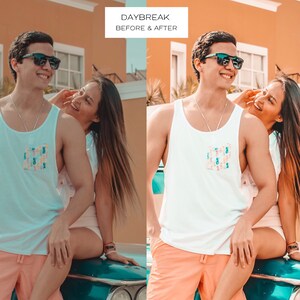 May include: A white tank top with a pocket featuring a colorful pineapple design. The person is wearing peach-colored shorts and sunglasses. The image has the text "DAYBREAK BEFORE & AFTER" in the top left corner.