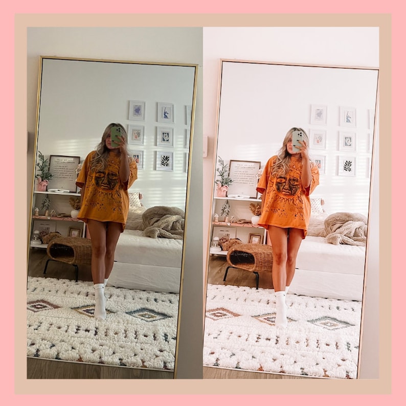 Op de afbeelding: Een persoon draagt een oranje T-shirt met lange mouwen met een zwarte grafische print en witte sokken en staat voor een spiegel in een kamer met een wit tapijt en een bank.