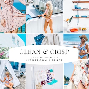 May include: A collage of lifestyle images featuring a variety of products. The images include a pink dress with bird patterns, a woman in a striped bikini, a kitchen with blue accents, and a woman in a floral bikini. The text "CLEAN & CRISP" is visible.