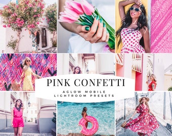 Könnte beinhalten: Eine Sammlung von rosa und weißen Lightroom-Presets für mobile Geräte. Die Presets heißen "Pink Confetti" und sind so konzipiert, dass Fotos einen weichen, verträumten Look erhalten. Das Bild zeigt mehrere Beispiele dafür, wie die Presets zum Bearbeiten von Fotos verwendet werden können.