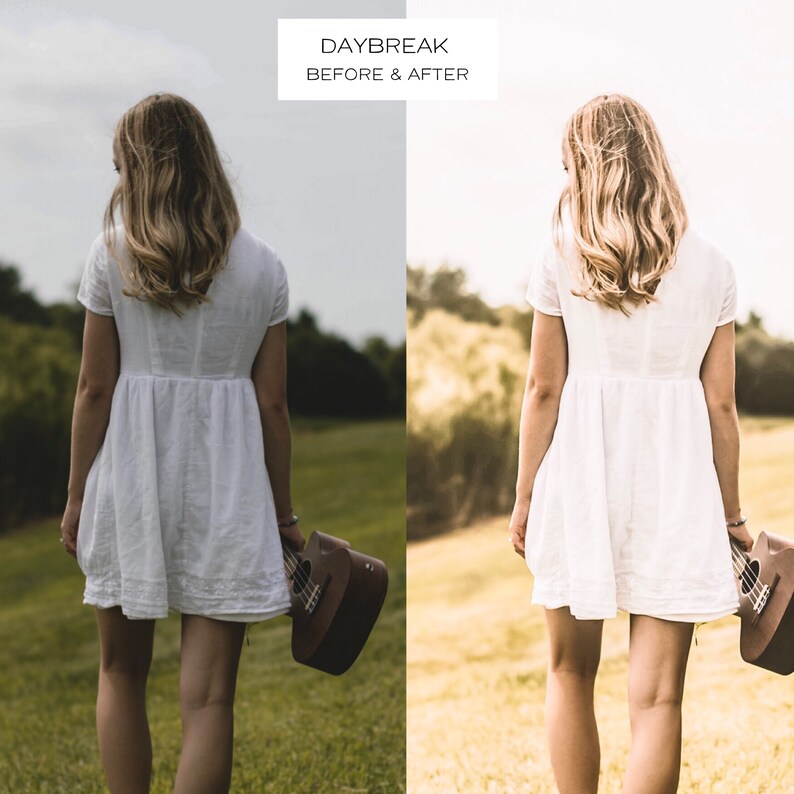 May include: A woman in a white dress stands in a field, holding a ukulele. The image is split, with the left side appearing darker and the right side brighter. Text at the top reads "DAYBREAK BEFORE & AFTER". The ukulele is brown.