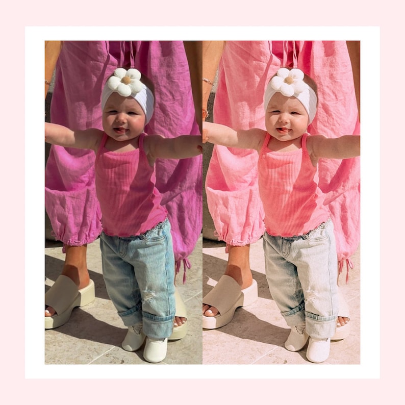 K&ouml;nnte beinhalten: Zwei Kleinkinder tragen rosa Hosen und wei&szlig;e G&auml;nsebl&uuml;mchen-Stirnb&auml;nder, wobei ein Kleinkind ein rosa Tanktop und das andere ein rosa Tanktop und blaue Jeans tr&auml;gt. Beide Kleinkinder tragen wei&szlig;e Sandalen.