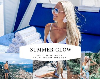 May include: A collage of photos featuring a woman in a white swimsuit, a woman in a floral dress, and a man standing on a cliff overlooking a city. The text "SUMMER GLOW AGLOW MOBILE LIGHTROOM PRESET" is displayed in the center of the image.