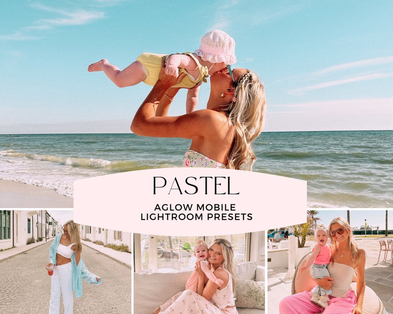 K&ouml;nnte beinhalten: Eine Collage aus Fotos, die eine Mutter und ihr Kind zeigen. Die Fotos zeigen die Mutter und das Kind in verschiedenen Umgebungen, darunter ein Strand, ein Restaurant und ein Zuhause. Die Fotos sind alle hell und farbenfroh und fangen die Liebe und Freude zwischen Mutter und Kind ein. Der Text "PASTEL AGLOW MOBILE LIGHTROOM PRESETS" wird auf einem rosa Hintergrund angezeigt.