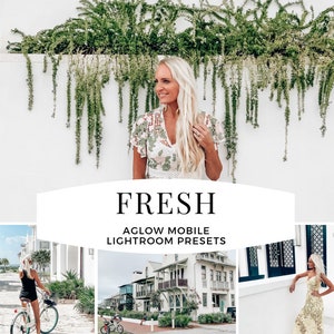 May include: A collage of three images featuring a woman in different outfits and locations. The top image shows a woman with blonde hair wearing a floral dress standing in front of a white wall with greenery hanging from it. The text "FRESH AGLOW MOBILE LIGHTROOM PRESETS" is displayed below the image. The bottom left image shows a woman wearing a black tank top and shorts riding a bicycle on a cobblestone street. The bottom right image shows a woman wearing a yellow floral dress standing in front of a white wall.