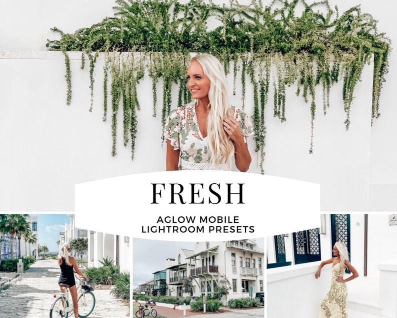 May include: A collage of three images featuring a woman in different outfits and locations. The top image shows a woman with blonde hair wearing a floral dress standing in front of a white wall with greenery hanging from it. The text "FRESH AGLOW MOBILE LIGHTROOM PRESETS" is displayed below the image. The bottom left image shows a woman wearing a black tank top and shorts riding a bicycle on a cobblestone street. The bottom right image shows a woman wearing a yellow floral dress standing in front of a white wall.