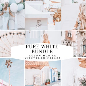 May include: A collage of images featuring a white and blue color scheme. The images include a Ferris wheel, a woman in a white dress, a woman in a white sweater, and a street scene with white buildings. The text "PURE WHITE BUNDLE" and "AGLOW MOBILE LIGHTROOM PRESET" is displayed in the center of the collage.