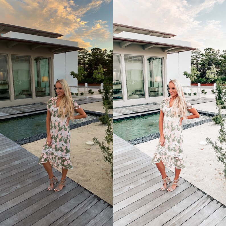 May include: A woman wearing a white dress with pink and green floral embroidery stands on a wooden deck in front of a modern building. The dress has a lace trim and the woman is wearing sandals.