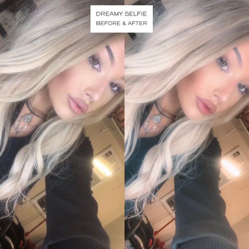 May include: A before and after photo of a person with blonde hair. The photo on the left shows the person with minimal makeup, while the photo on the right shows the person with more makeup and a more polished look.