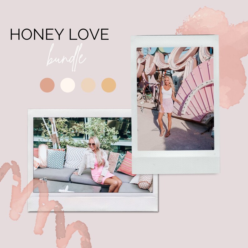 May include: Two photos in a polaroid frame style. The top photo shows a woman in a pink and white plaid skirt and a white tank top standing in front of a pink neon sign. The bottom photo shows a woman sitting on a couch wearing a pink dress and a white jacket. The text "HONEY LOVE bundle" is at the top of the image.