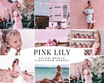 May include: A collage of images with a pink aesthetic. The images include a woman in a pink dress, a building, a child, a woman holding flowers, a woman with cacti, a woman with a backpack, and a woman at the beach. Text on the image reads "PINK LILY" and "A GLOW MOBILE LIGHTROOM PRESET."