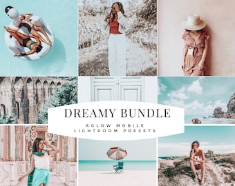 May include: A collage of images featuring a variety of travel and lifestyle scenes. The images include a pool with a flamingo float, a woman in a white outfit, a woman in a straw hat, a stone archway, a white door, a beach scene, a woman in a white top and a turquoise skirt, a beach scene with an umbrella and chair, and a woman sitting on a hill.