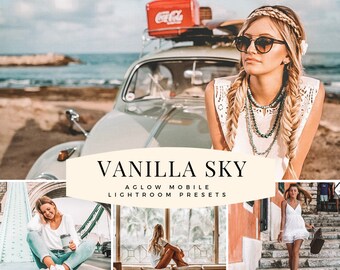 May include: A set of Lightroom mobile presets called "Vanilla Sky" with a vintage aesthetic. The presets are shown applied to photos of a woman in a white dress, a woman sitting on a bridge, and a woman sitting in a window. The text "AGLOW MOBILE LIGHTROOM PRESETS" is displayed on a cream-colored background.