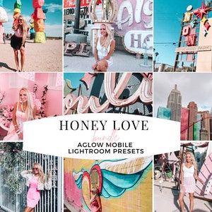 May include: A collage of images featuring a variety of colorful neon signs and a woman in different locations. The text "HONEY LOVE bundle AGLOW MOBILE LIGHTROOM PRESETS" is displayed in the center of the image.