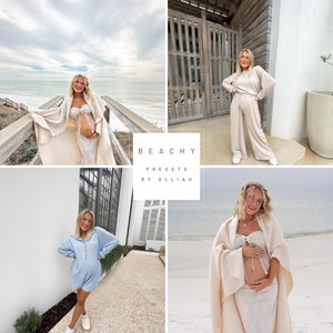 May include: A collage of four images featuring a pregnant person in different outfits and locations. The person is wearing a white tank top, a light blue hoodie, a white tank top with a white cardigan, and a white tank top with a white cardigan. The images are set against a backdrop of a beach, a wooden fence, a white building, and a beach.