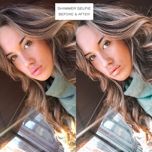 May include: A before and after photo of a person's face. The photo on the left shows the person's face with natural skin tone. The photo on the right shows the person's face with a more even skin tone and a subtle shimmer.