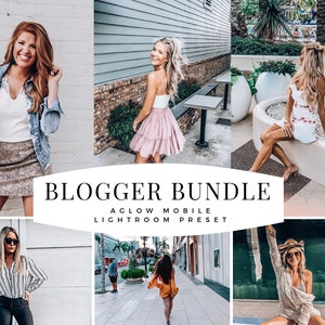 May include: A collage of images featuring women wearing different outfits in various settings. The text "Blogger Bundle" and "AGLOW MOBILE LIGHTROOM PRESET" is displayed in the center of the image.