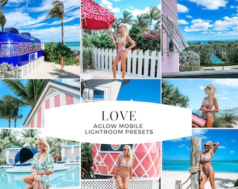 Könnte beinhalten: Eine Collage aus Bildern mit verschiedenen bunten Strandszenen, darunter eine rosa-weiße Strandhütte, ein blau-weißer Strandbus, eine Frau im Bikini und eine Frau in einem Blumenkleid. Der Text "LOVE AGLOW MOBILE LIGHTROOM PRESETS" wird in der Mitte der Collage angezeigt.