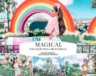 Könnte beinhalten: Eine Collage aus Fotos, die eine Frau in einem rosa Shirt und einem Regenbogen-Stirnband, einen Regenbogen-Torbogen, ein Schloss und eine Frau in einem gelben Kleid zeigen. Der Text "MAGICAL COLLAB BUNDLE with DANIELLE AGLOW MOBILE LIGHTROOM PRESETS" ist auf der Collage zu sehen.