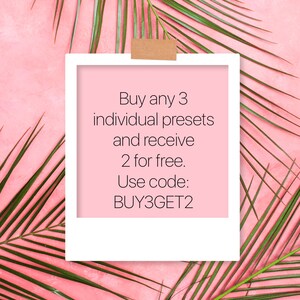 May include: A pink background with green palm leaves surrounding a white Polaroid photo frame. The photo frame contains text that reads: "Buy any 3 individual presets and receive 2 for free. Use code: BUY3GET2"