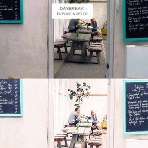 May include: A split image showing a before-and-after view of a cafe. The top half shows a daytime scene with people seated at green picnic tables. The bottom half shows the same scene with people seated at the tables. The text "DAYBREAK BEFORE & AFTER" is at the top.
