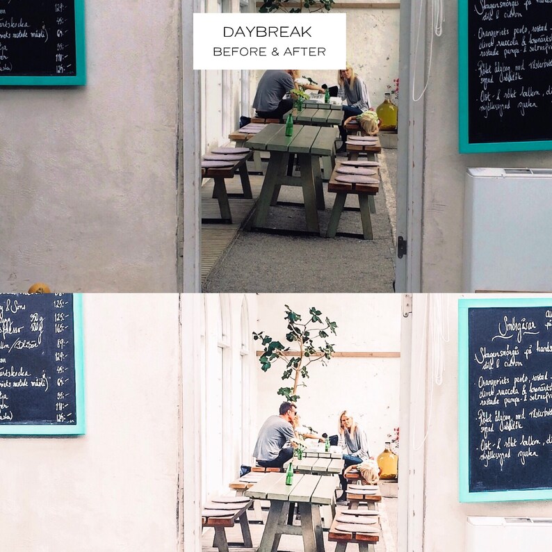 May include: A split image showing a before-and-after view of a cafe. The top half shows a daytime scene with people seated at green picnic tables. The bottom half shows the same scene with people seated at the tables. The text "DAYBREAK BEFORE & AFTER" is at the top.