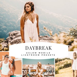 May include: A collage of lifestyle photos with a warm, vintage aesthetic. The images feature people in various outdoor settings, including a woman in a white dress on a mountain, and a couple by a vintage car. Text overlay reads "DAYBREAK AGLOW MOBILE LIGHTROOM PRESETS."