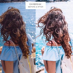 May include: A split image showing a before and after photo effect. The top text reads "DAYBREAK" and "BEFORE & AFTER". The images show a person with long, wavy brown hair, wearing a blue off-the-shoulder top, with a white bag.