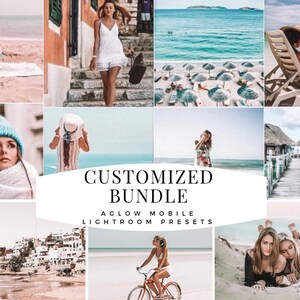 May include: A collage of images featuring various travel and lifestyle scenes, including a woman walking down a street, a beach with umbrellas, a woman sitting on a beach chair, a woman wearing a hat, a woman on a bicycle, and two women lying on a beach. The text "CUSTOMIZED BUNDLE AGLOW MOBILE LIGHTROOM PRESETS" is displayed in the center of the collage.