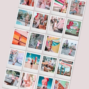 May include: A collage of Polaroid photos featuring various scenes from Las Vegas, including a pink flamingo, a welcome to Las Vegas sign, and a woman in a pink dress.
