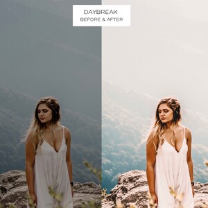 May include: A split image shows a woman in a white dress on a mountain. The left side is a cooler tone, the right side is warmer. Text at the top reads "DAYBREAK BEFORE & AFTER".