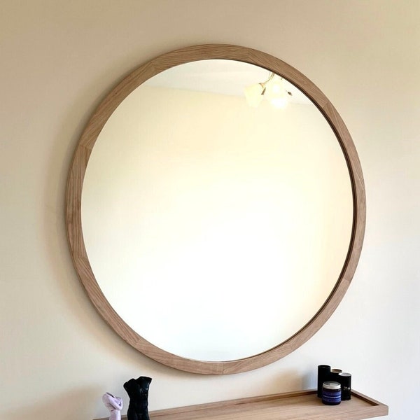 round wooden mirror wall decor, large framed decorative bathroom mirror, oversized oak circle wooden mirror, vanity mirror